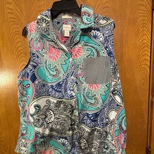 Chicos Sleeveless Cotton  Pocket Multi Print Fabrics Button up Shirt 2